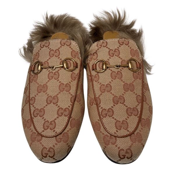 Gucci Princetown Monogram Beige GG Canvas Fur Lined Loafers Slides Size 36 - Picture 2 of 11